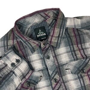 PrAna Shirt Mens Large Plaid Purple Gray Lined Flannel Long‎ Sleeve Cotton